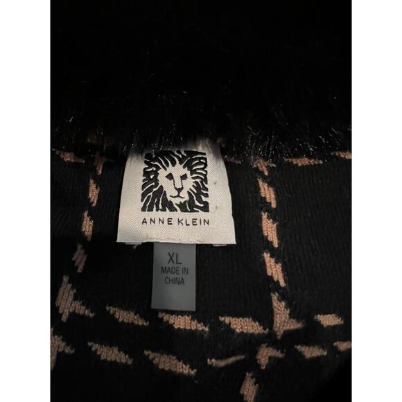 Ann Klein Knit Sweater Coat Faux Fur Collar Tan Window pane Check Print - Picture 5 of 7
